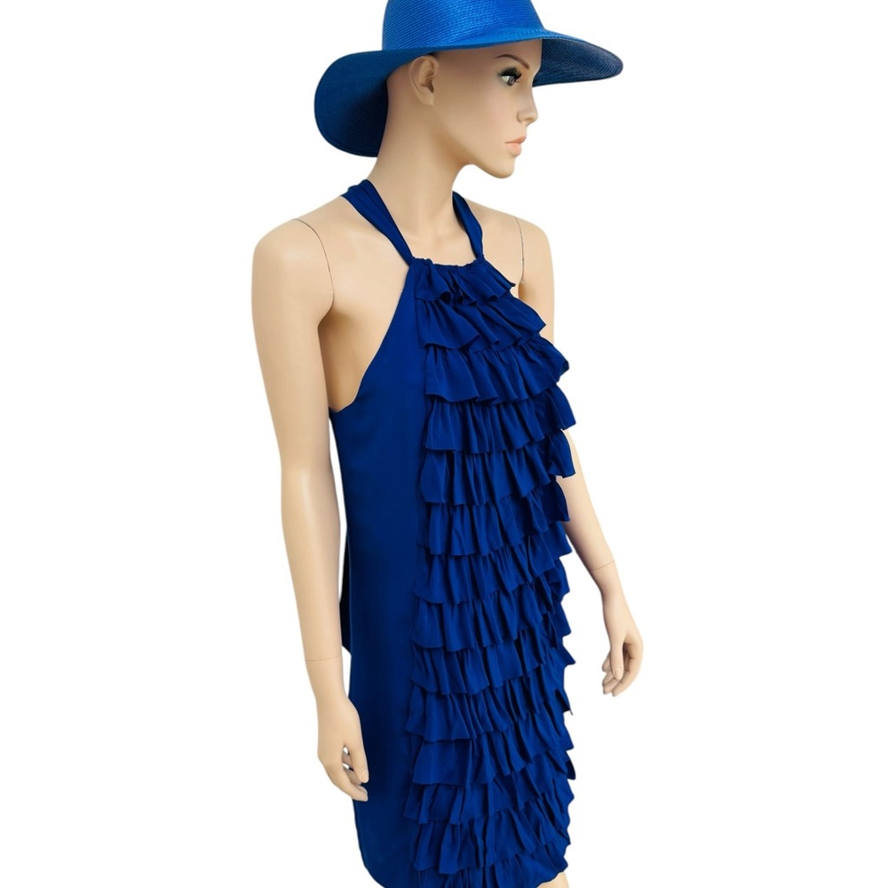 Va Et Vien 100% Silk Ruffle Halter Dress Women Size 8 Blue Cocktail Party Resort - Picture 5 of 11